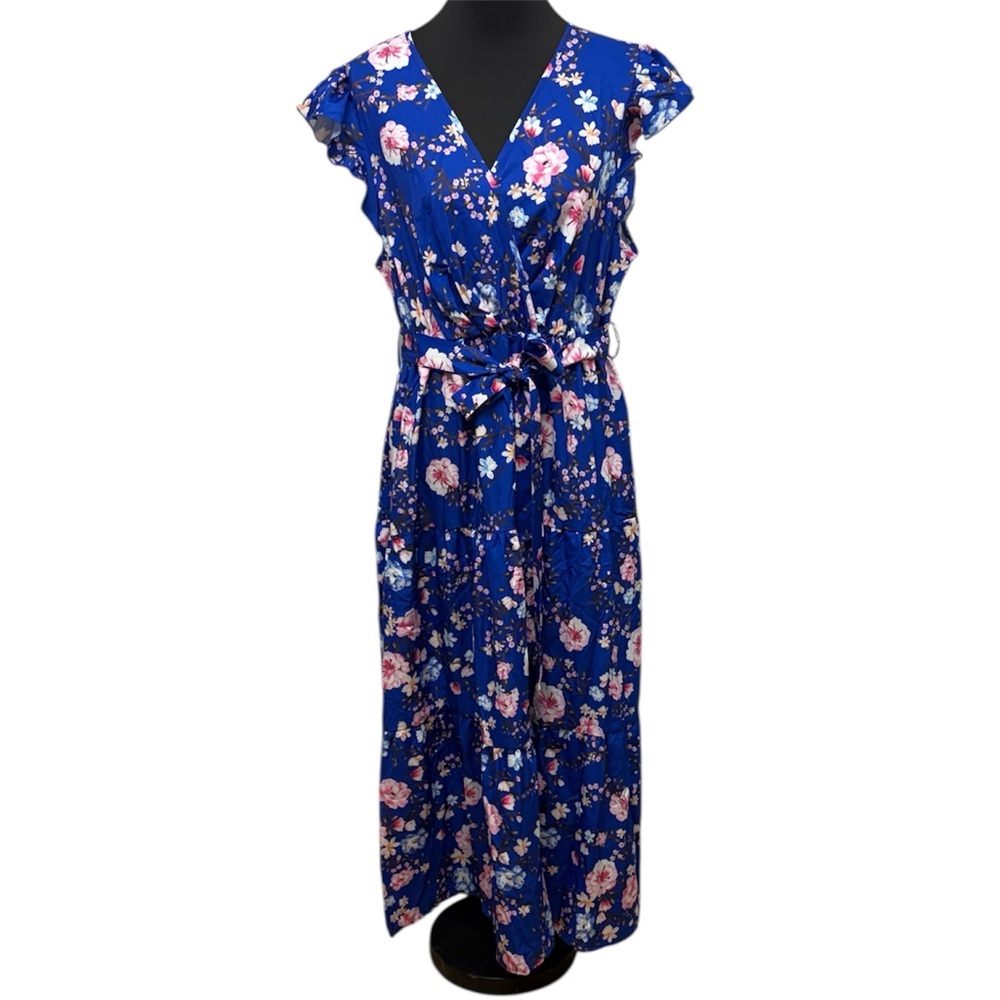 SHEIN Blue and Pink Maxi Sundress with Flutter Cap Sleeves. Floral Summer Party
